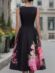 Elegantní midi šaty bez rukávů s květinovým vzorem na sukni
