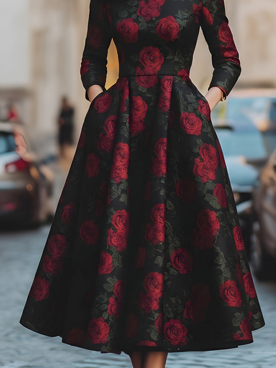 Elegantní midi šaty se vzorem růží v žakáru