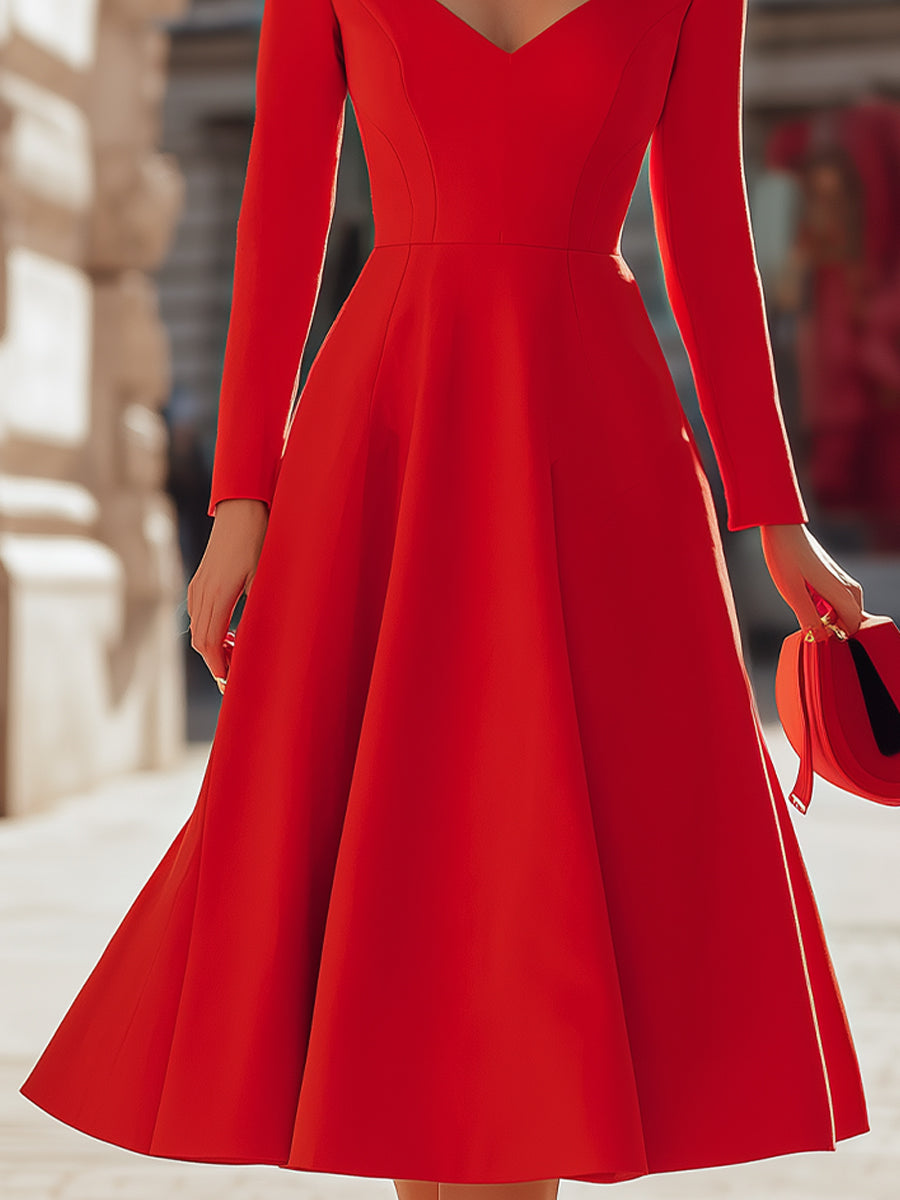 Elegantní červené midi šaty s výstřihem do V