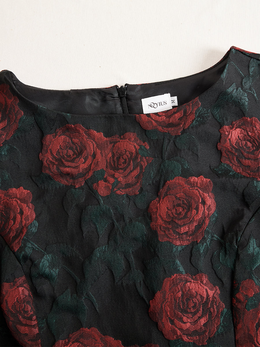 Elegantní midi šaty se vzorem růží v žakáru