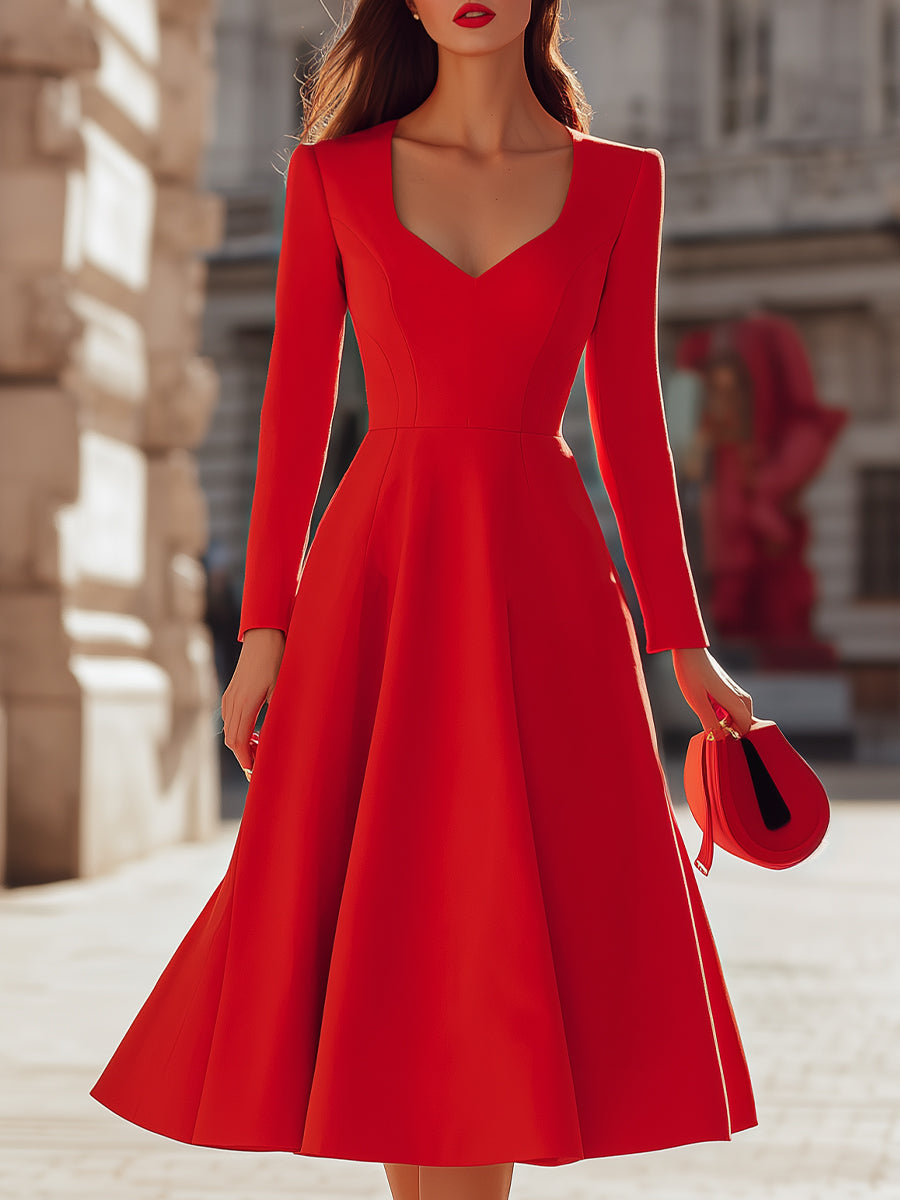 Elegantní červené midi šaty s výstřihem do V