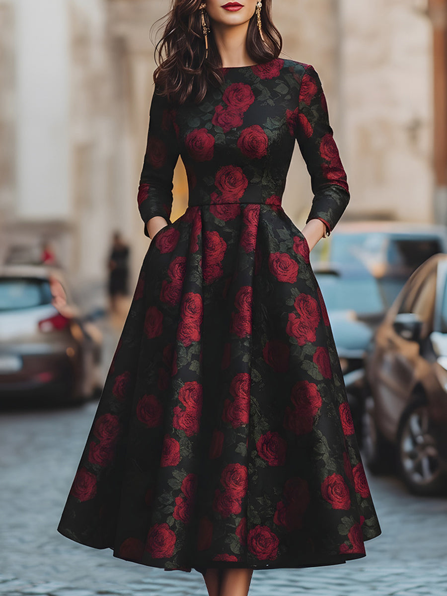 Elegantní midi šaty se vzorem růží v žakáru