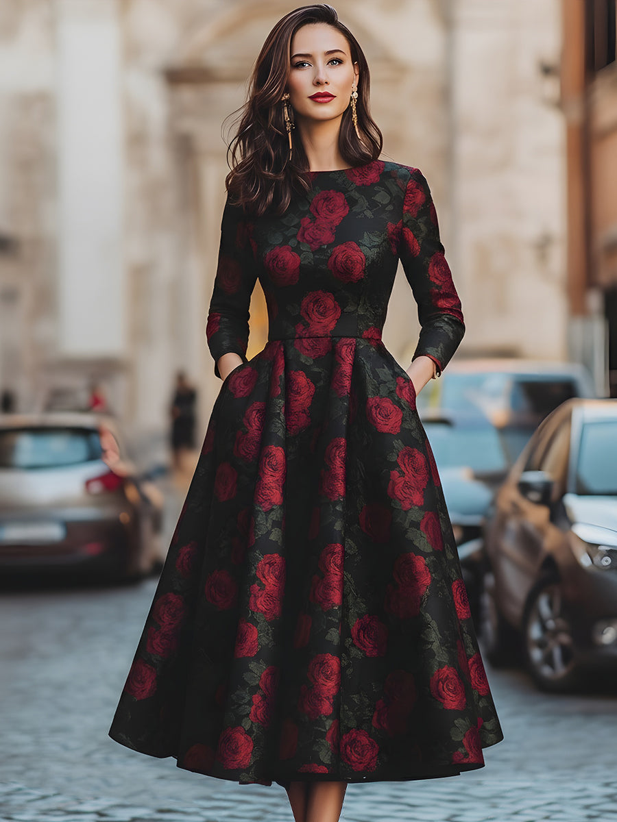 Elegantní midi šaty se vzorem růží v žakáru