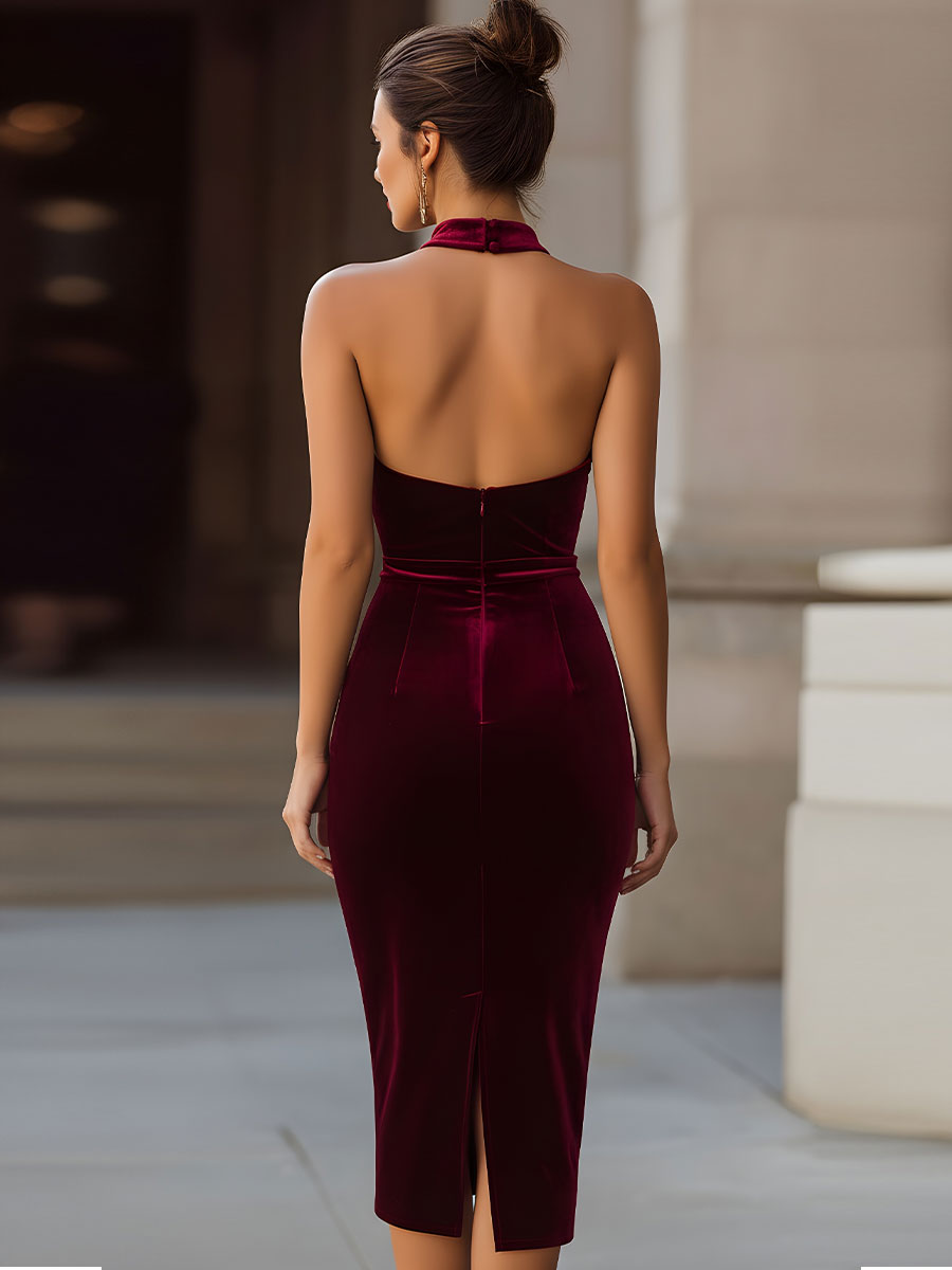 Vínové sametové bodycon midi šaty