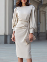 Mididress s řaseným pasem a nabíranými rukávy