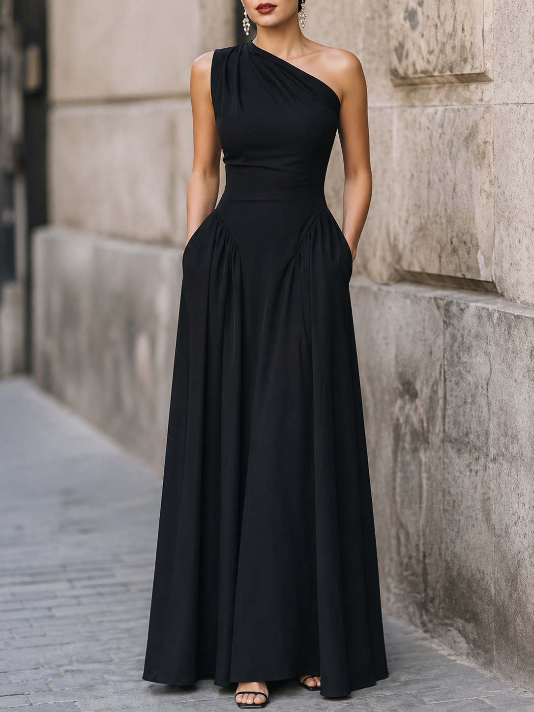 Elegantní koktejlové šaty na jedno rameno áčkového střihu